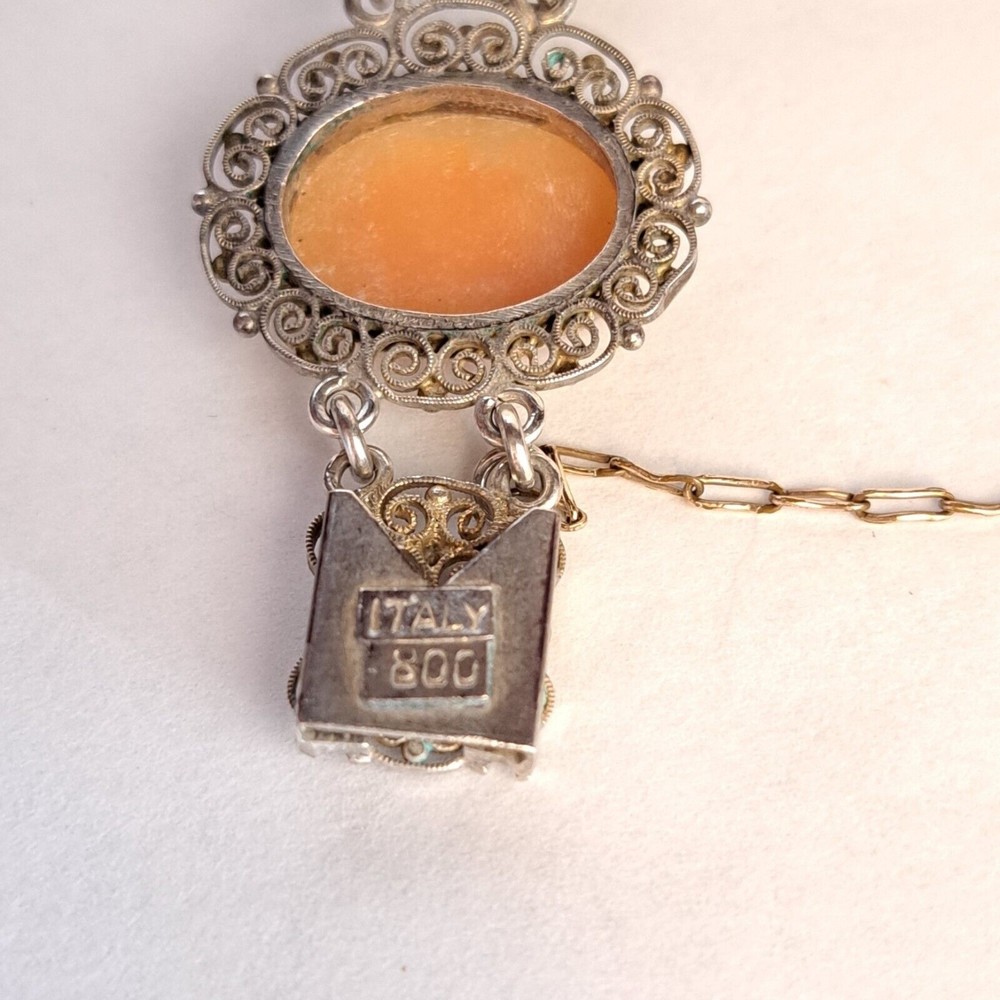 Antique Cameo Panel Silver Bracelet Filigree Italy 800 Marked Gold Chain Links - Picture 10 of 11